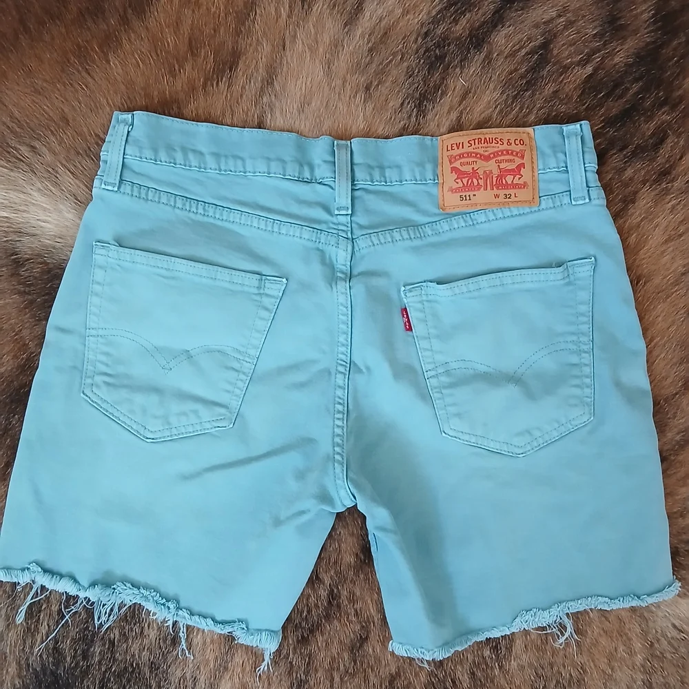 Levi's Pastel Blue Frayed Hem Denim Shorts - Picture 2 of 3